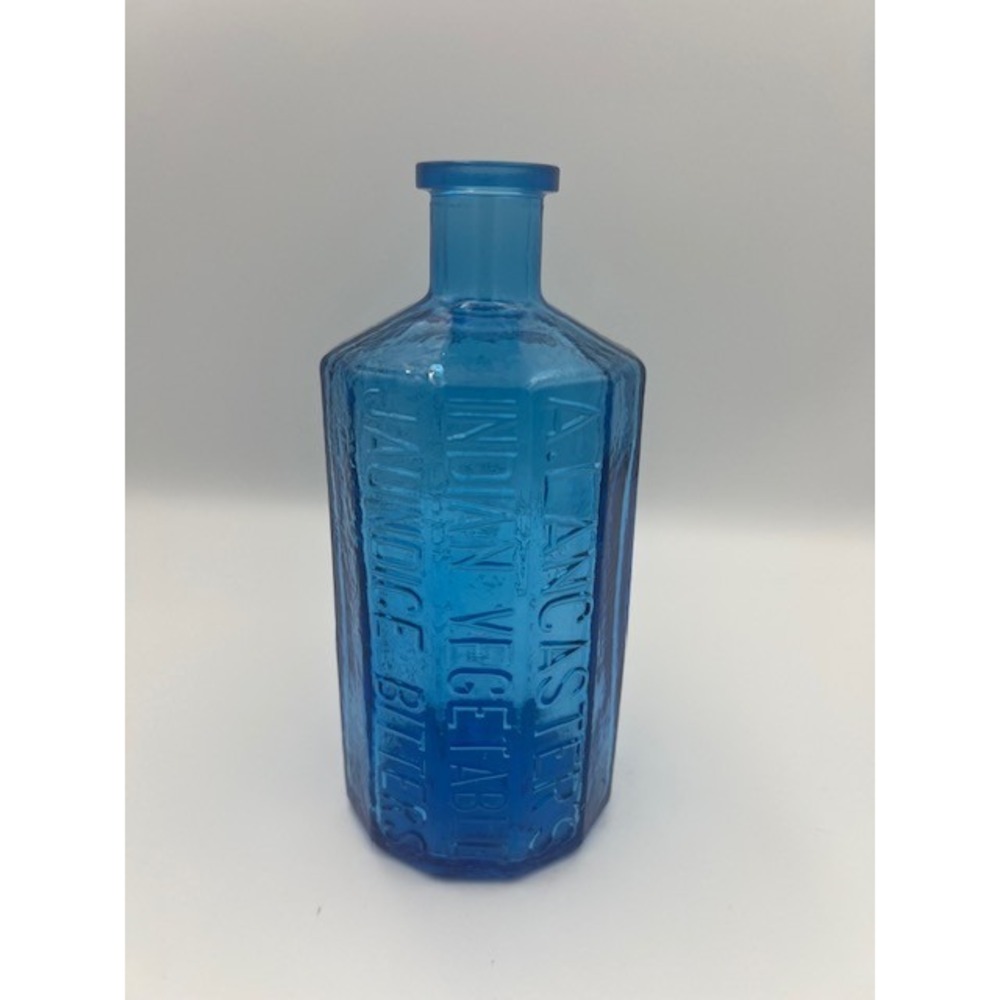 Wheaton Blue Glass A. Lancaster Indian Vegetable Jaundice Bitters Bottle 1852